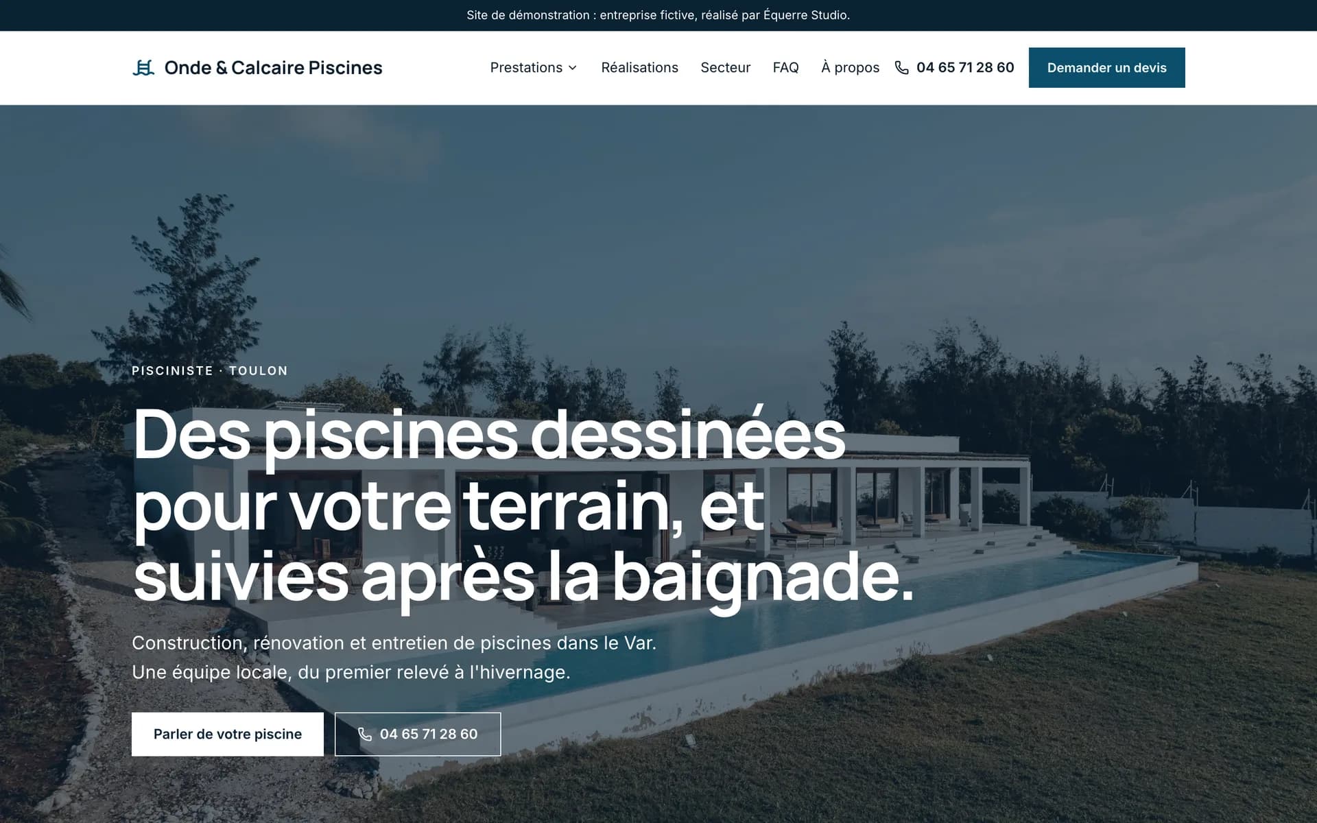 Onde & Calcaire Piscines : page d'accueil du site, sur ordinateur